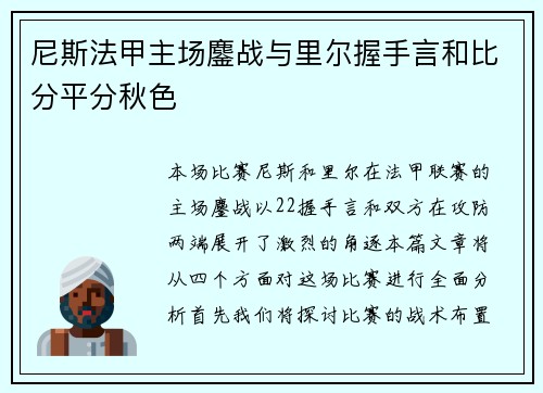 尼斯法甲主场鏖战与里尔握手言和比分平分秋色