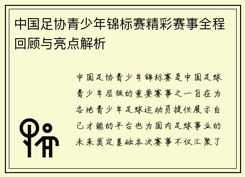 中国足协青少年锦标赛精彩赛事全程回顾与亮点解析 中国足协青少年锦标赛精彩赛事全程回顾与亮点解析