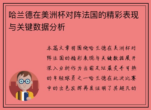 哈兰德在美洲杯对阵法国的精彩表现与关键数据分析